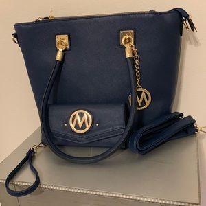 Mia K Collection Blue Vegan leather wallet and purse shoulder bag set xtra strap